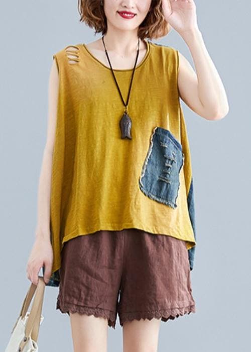 Handmade o neck cotton tops women Shape yellow patchwork denim tops STP200409