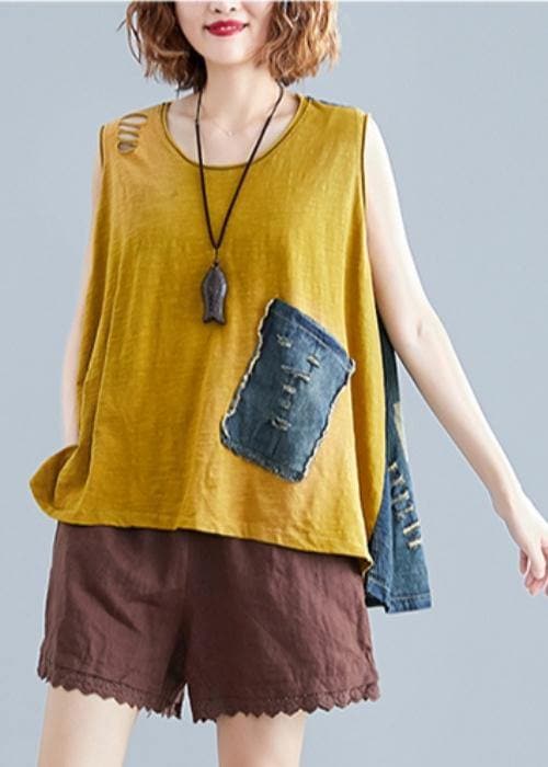 Handmade o neck cotton tops women Shape yellow patchwork denim tops STP200409