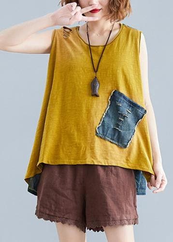 Handmade o neck cotton tops women Shape yellow patchwork denim tops STP200409