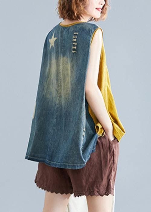 Handmade o neck cotton tops women Shape yellow patchwork denim tops STP200409