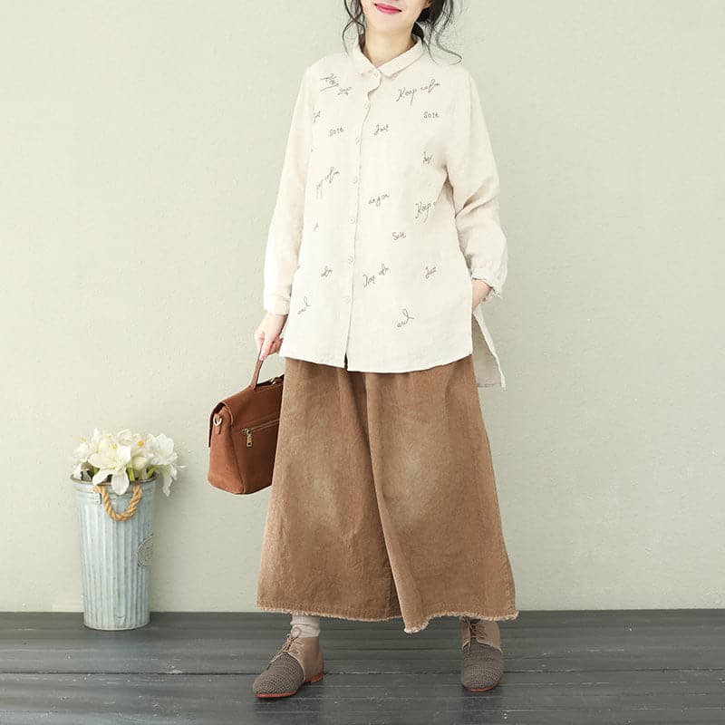 Handmade side open linen Tunic plus size Tutorials nude linen shirts lapel LTP190129