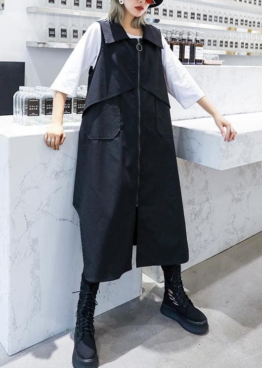 Handmade sleeveless asymmetric cotton Tunics Shape black lapel cotton Dress AT-TCT190823