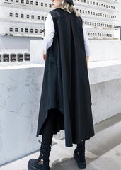 Handmade sleeveless asymmetric cotton Tunics Shape black lapel cotton Dress AT-TCT190823