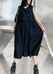 Handmade v neck sleeveless summer clothes For Women Sewing black Dress AT-SDL200723