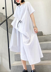 Handmade white cotton o neck drawstring Robe summer Dress AT-SDM200623