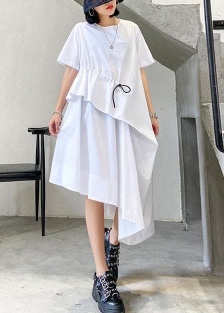 Handmade white cotton o neck drawstring Robe summer Dress AT-SDM200623