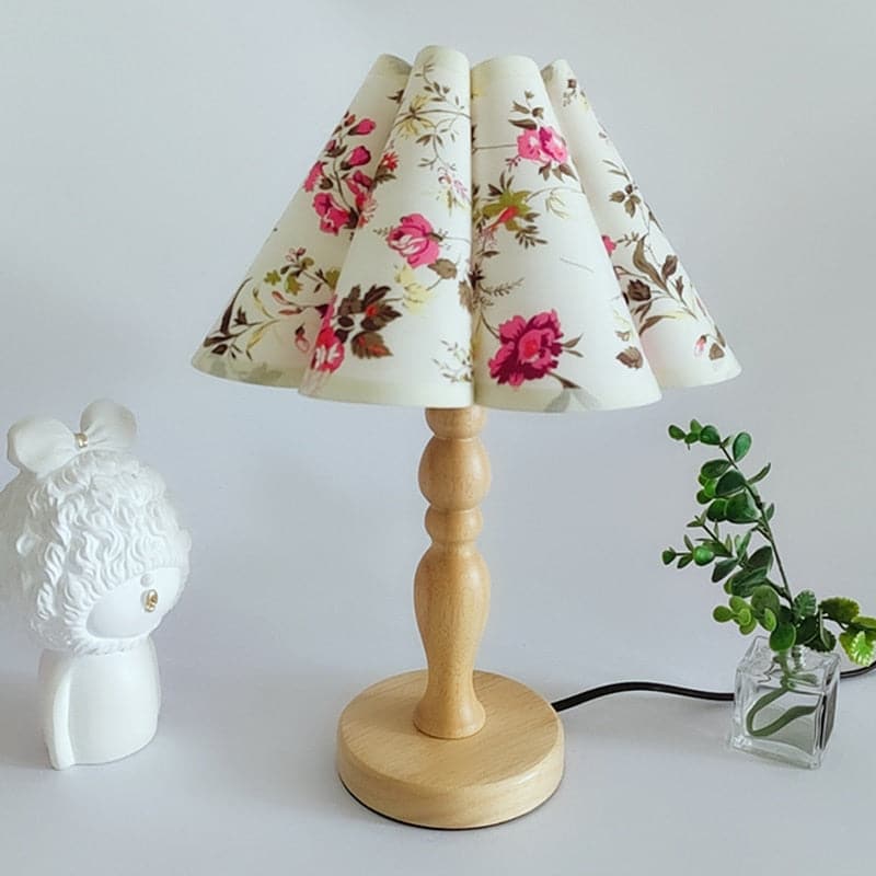 Cute Bedside Solid Wooden Table Lamp With Fabric Flower Shade dylinoshop