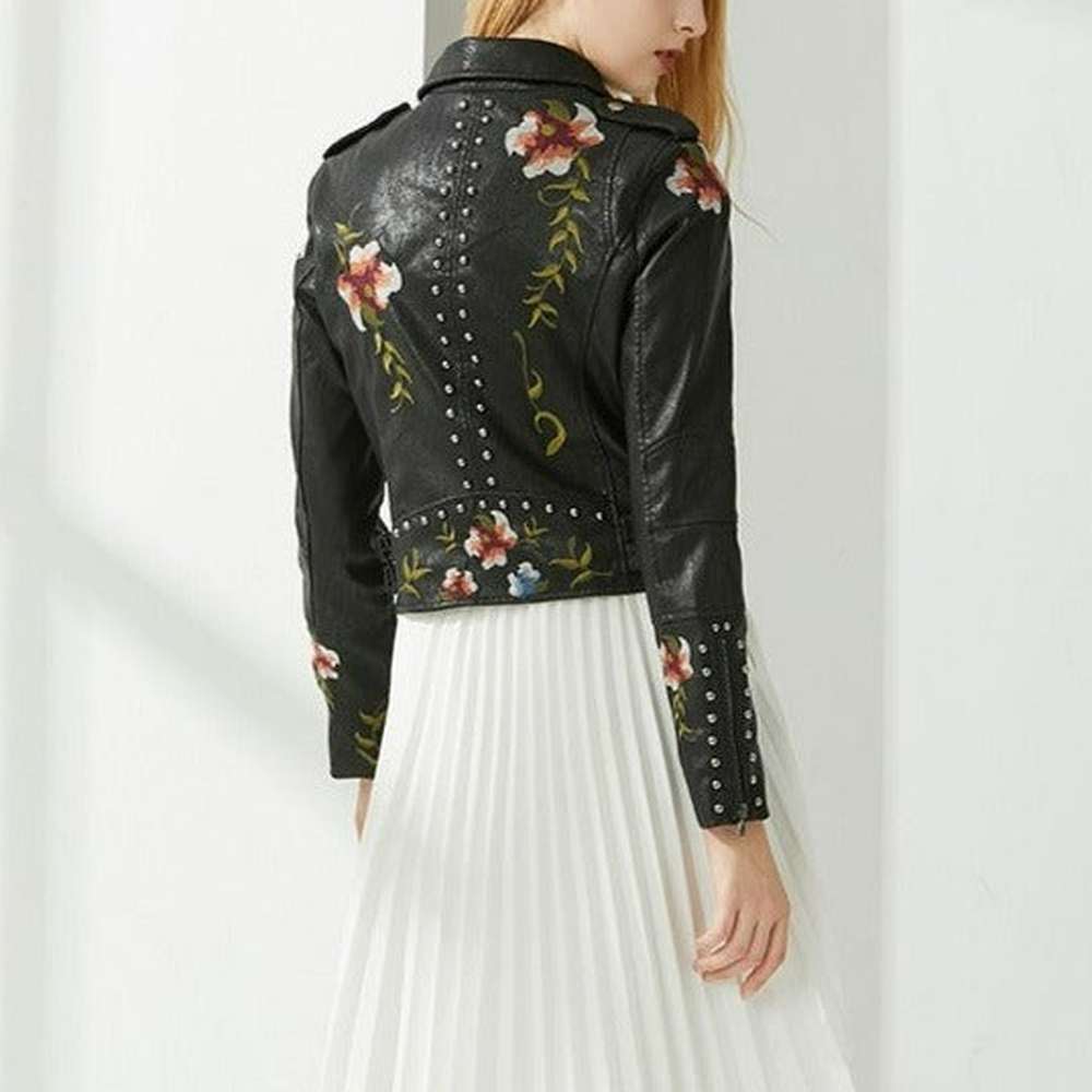 Women Retro Floral Print Embroidery Faux Soft Leather Jacket dylinoshop