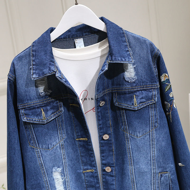 Women Embroidery Floral Vintage Denim Coat dylinoshop