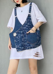 Hole white short-sleeved t-shirt female loose summer large size shirt denim vest suit two-piece suit AT-STP200623