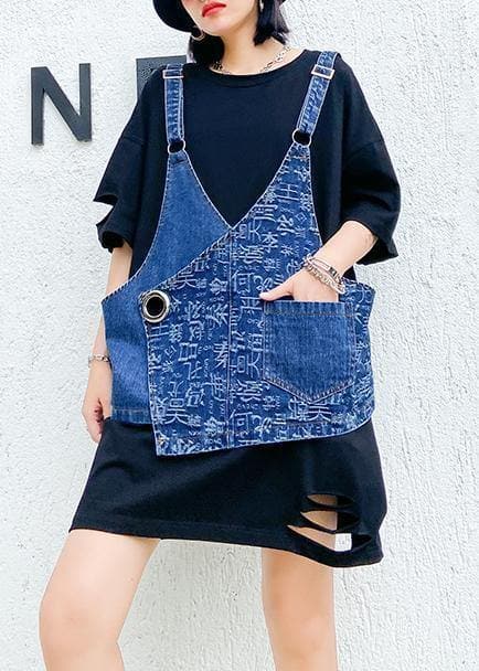 Hole white short-sleeved t-shirt female loose summer large size shirt denim vest suit two-piece suit AT-STP200623