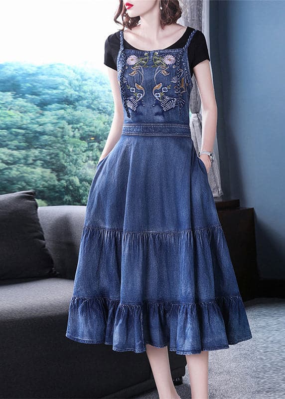 Italian Blue Embroideried Zippered Ruffles Cotton Denim Spaghetti Strap Dress Summer NZ-SDL220606