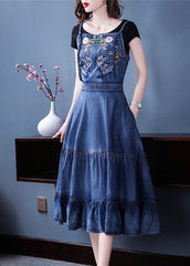 Italian Blue Embroideried Zippered Ruffles Cotton Denim Spaghetti Strap Dress Summer NZ-SDL220606