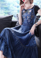 Italian Blue Embroideried Zippered Ruffles Cotton Denim Spaghetti Strap Dress Summer NZ-SDL220606