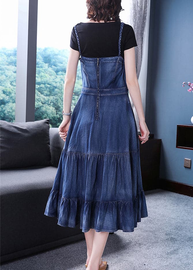 Italian Blue Embroideried Zippered Ruffles Cotton Denim Spaghetti Strap Dress Summer NZ-SDL220606