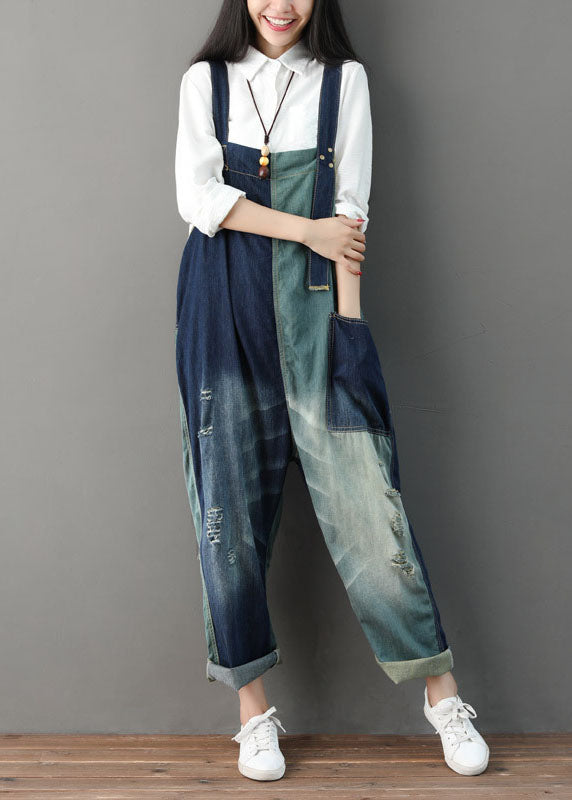 Italian Blue Hole Pockets Patchwork Jumpsuit Spring dylinoshop