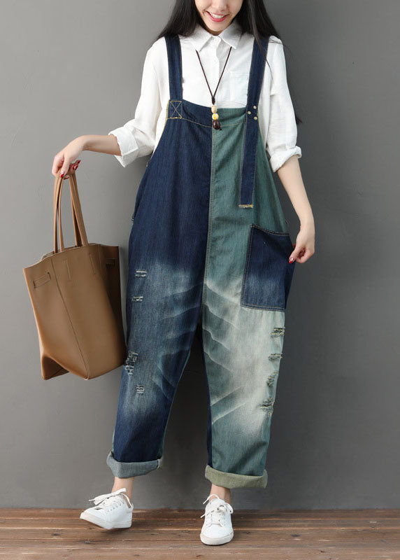 Italian Blue Hole Pockets Patchwork Jumpsuit Spring dylinoshop