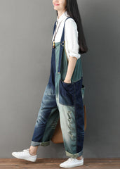 Italian Blue Hole Pockets Patchwork Jumpsuit Spring dylinoshop