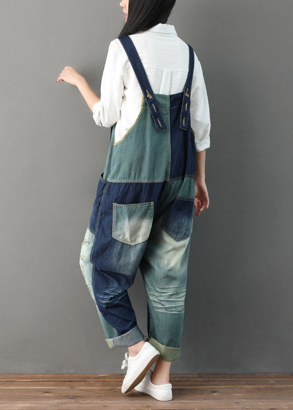 Italian Blue Hole Pockets Patchwork Jumpsuit Spring dylinoshop