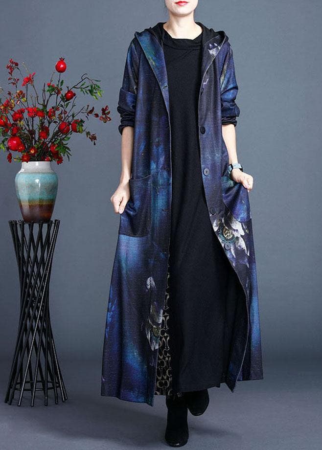 Italian Blue Hooded Print Fall Cardigan Long Sleeve ZS-ZS-TCT210702