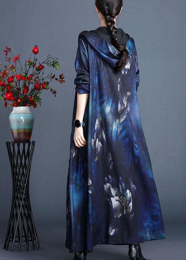 Italian Blue Hooded Print Fall Cardigan Long Sleeve ZS-ZS-TCT210702