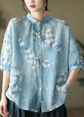 Italian Blue Peter Pan Collar Print Linen Shirt Top Half Sleeve GK-HTP220506