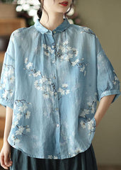 Italian Blue Peter Pan Collar Print Linen Shirt Top Half Sleeve GK-HTP220506