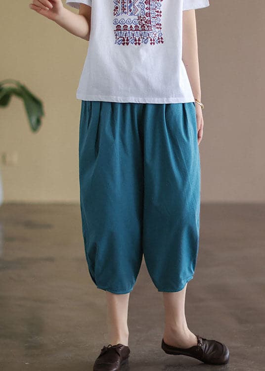 Italian Blue Solid Wrinkled Pockets Linen Crop Pants Summer GK-CPTS220516