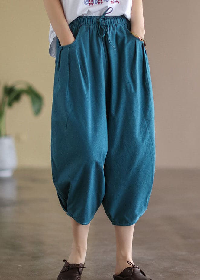 Italian Blue Solid Wrinkled Pockets Linen Crop Pants Summer GK-CPTS220516