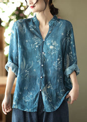 Italian Blue V Neck Print Linen Shirt Spring GK-LTP220111