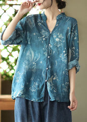 Italian Blue V Neck Print Linen Shirt Spring GK-LTP220111