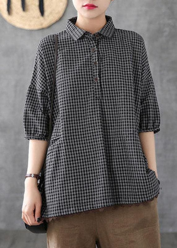 Italian Dark Grey Linen Plaid Summer Patchwork Half Sleeve GK-HTP210720