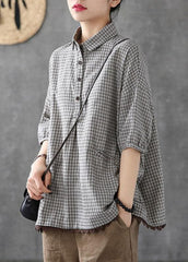 Italian Dark Grey Linen Plaid Summer Patchwork Half Sleeve GK-HTP210720