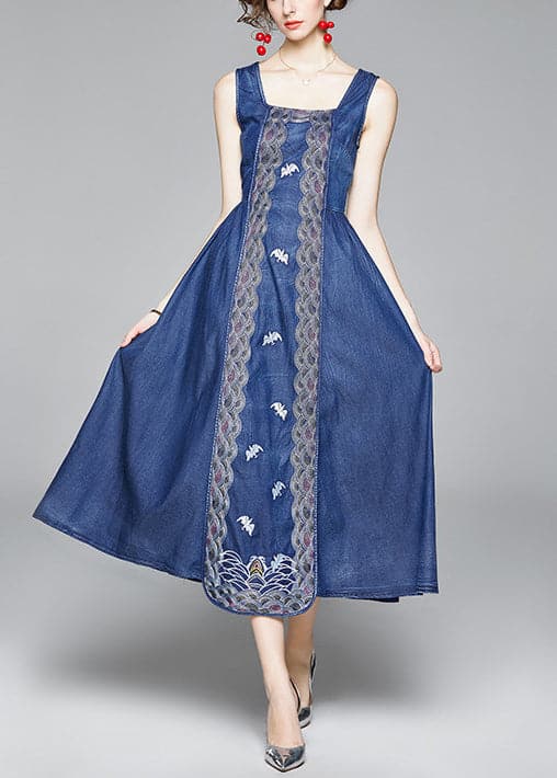 Italian Denim Blue Embroideried Wrinkled Cotton Vacation Strap Dresses Sleeveless NZ-SDL220606