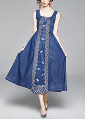 Italian Denim Blue Embroideried Wrinkled Cotton Vacation Strap Dresses Sleeveless NZ-SDL220606