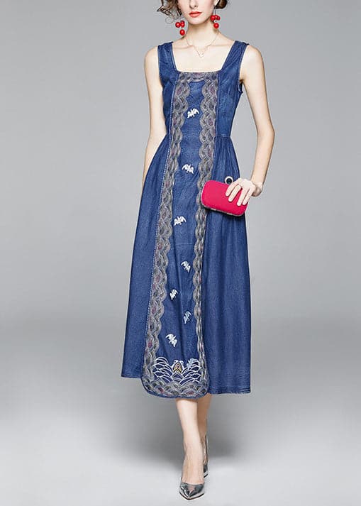 Italian Denim Blue Embroideried Wrinkled Cotton Vacation Strap Dresses Sleeveless NZ-SDL220606