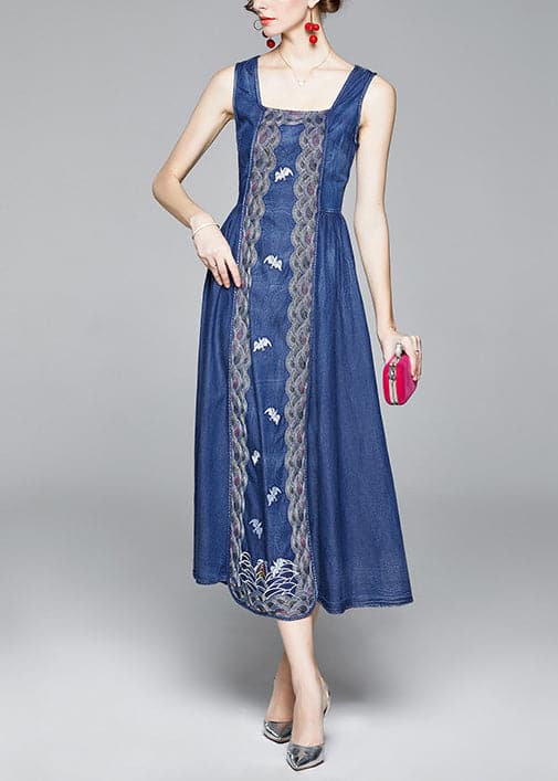 Italian Denim Blue Embroideried Wrinkled Cotton Vacation Strap Dresses Sleeveless NZ-SDL220606