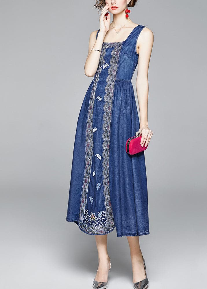 Italian Denim Blue Embroideried Wrinkled Cotton Vacation Strap Dresses Sleeveless NZ-SDL220606