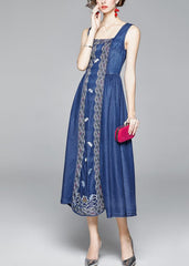 Italian Denim Blue Embroideried Wrinkled Cotton Vacation Strap Dresses Sleeveless NZ-SDL220606