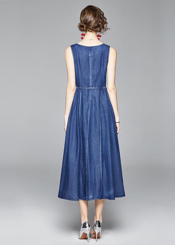 Italian Denim Blue Embroideried Wrinkled Cotton Vacation Strap Dresses Sleeveless NZ-SDL220606