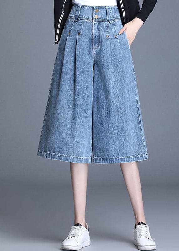 Italian Denim Blue High Waist Wrinkled Pockets Cotton Crop Straight Pants Summer NZ-CPTS220715