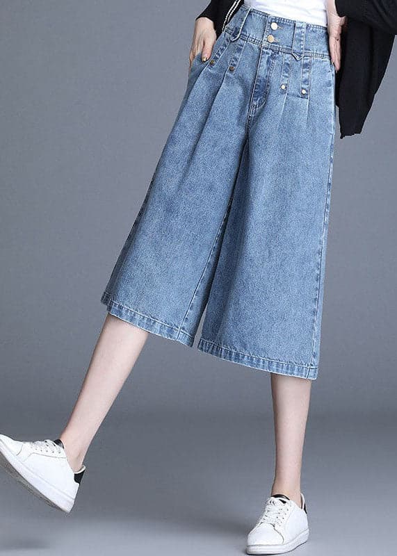 Italian Denim Blue High Waist Wrinkled Pockets Cotton Crop Straight Pants Summer NZ-CPTS220715