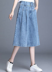 Italian Denim Blue High Waist Wrinkled Pockets Cotton Crop Straight Pants Summer NZ-CPTS220715