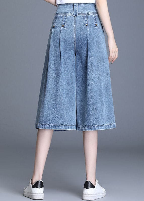 Italian Denim Blue High Waist Wrinkled Pockets Cotton Crop Straight Pants Summer NZ-CPTS220715