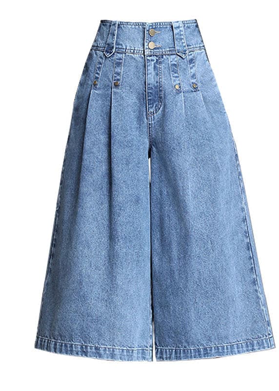 Italian Denim Blue High Waist Wrinkled Pockets Cotton Crop Straight Pants Summer NZ-CPTS220715