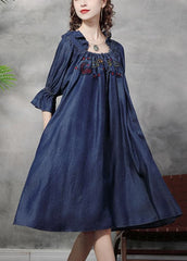 Italian Denim Blue Ruffled Embroideried Cotton A Line Dress Half Sleeve NZ-SDL220606