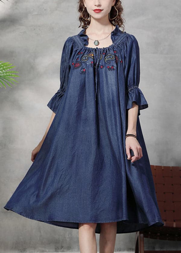 Italian Denim Blue Ruffled Embroideried Cotton A Line Dress Half Sleeve NZ-SDL220606