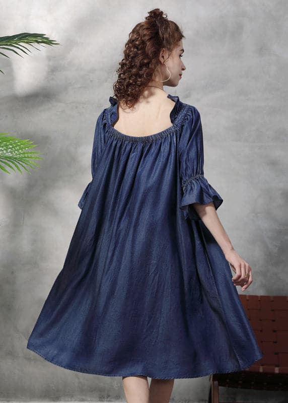 Italian Denim Blue Ruffled Embroideried Cotton A Line Dress Half Sleeve NZ-SDL220606