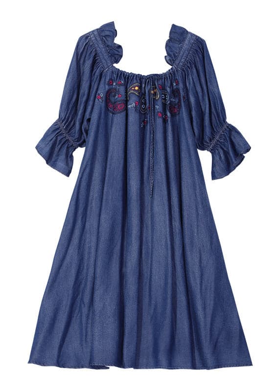 Italian Denim Blue Ruffled Embroideried Cotton A Line Dress Half Sleeve NZ-SDL220606