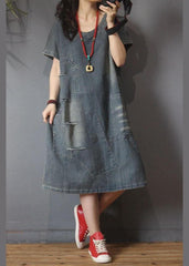 Italian Denim Hole Cotton asymmetrical design Summer Long Dress MMZ-SDL210525